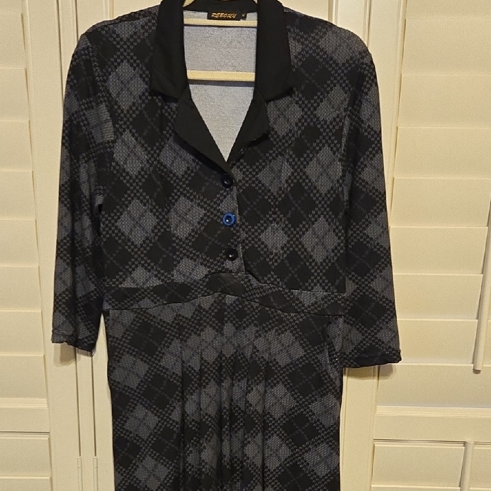 Reborn Black and Gray Argyle Dress, Mid Calf, 3/4 Sleeve